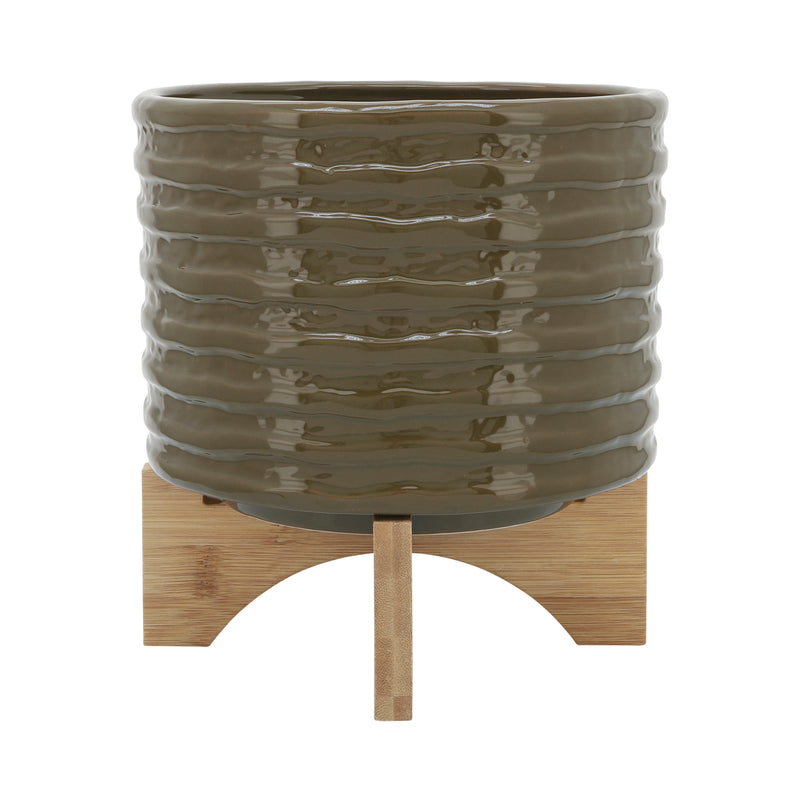 Cer, 8" Textured Planter W/ Stand, Olive image
