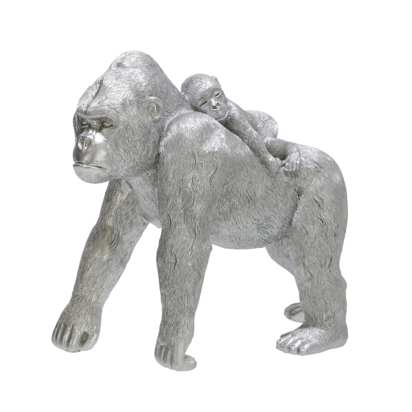 Polyresin 8" Gorilla W/ Baby Figurine, Silver image