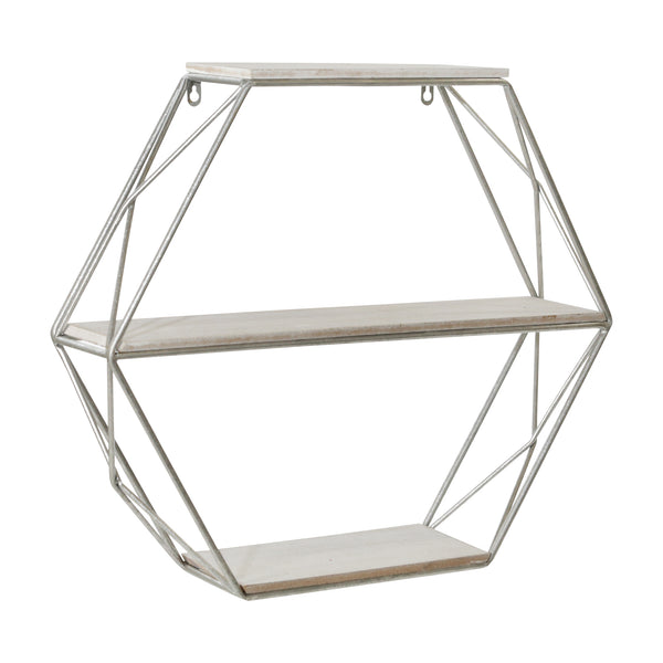 Metal/wood 3 Tier Hexagon Wall Shelf, White/silver image