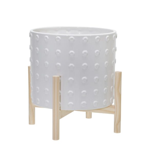 12" Ceramic Dotted Planter W/ Wood Stand, White image