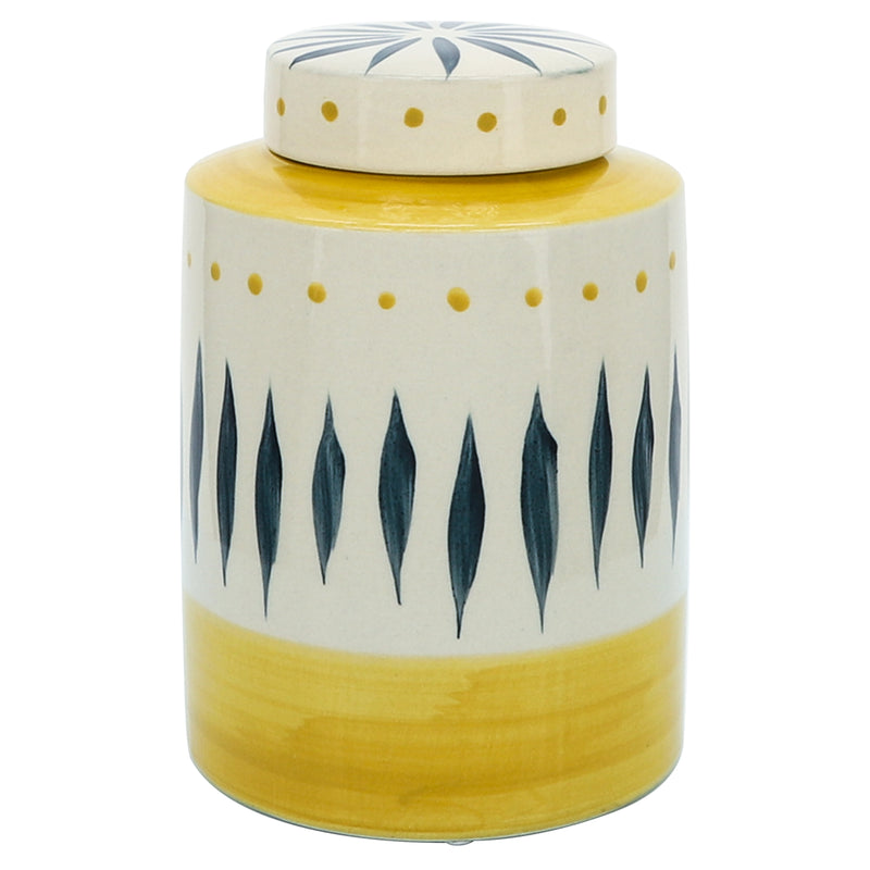 Cer, 9"h Tribal Jar W/ Lid, Yellow image