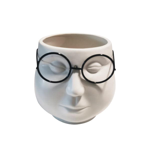 Porcelain, 7"d Face W/ Glasses Planter, White image