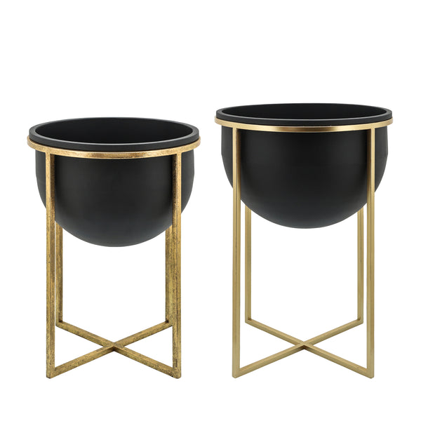 Metal S/2 11/12" Planters W/ Stand, Blk/gold image