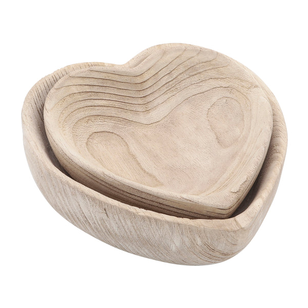 Wood, S/2 9/10" Heart Bowls, Natural image