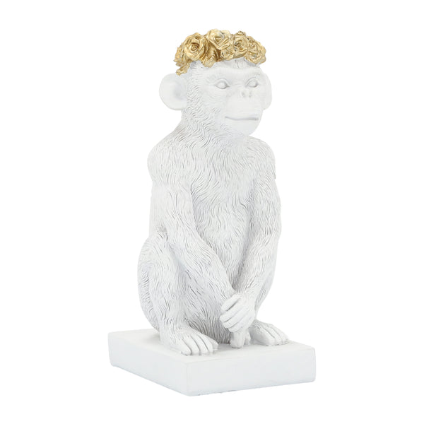 Res, 8" Monkey  Flower Crown Figurine, Wht/gld image