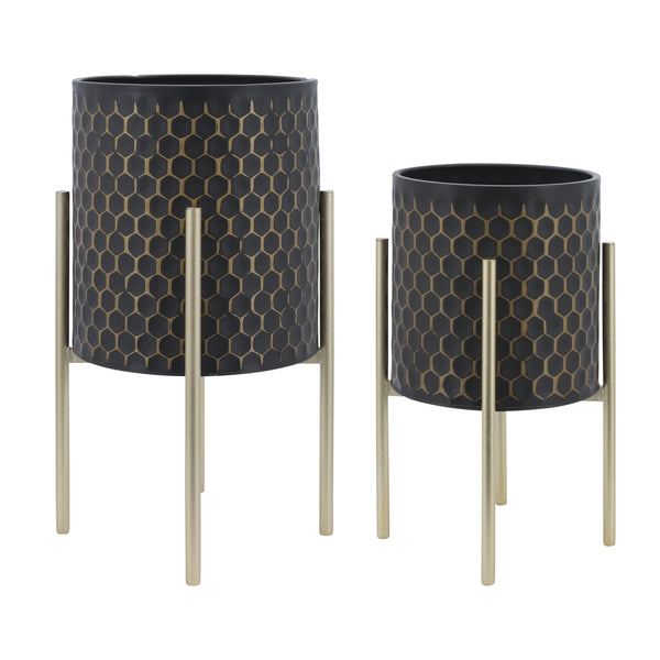 S/2 3d  Honeycomb Planter On Metal Stand, Blk/gld image