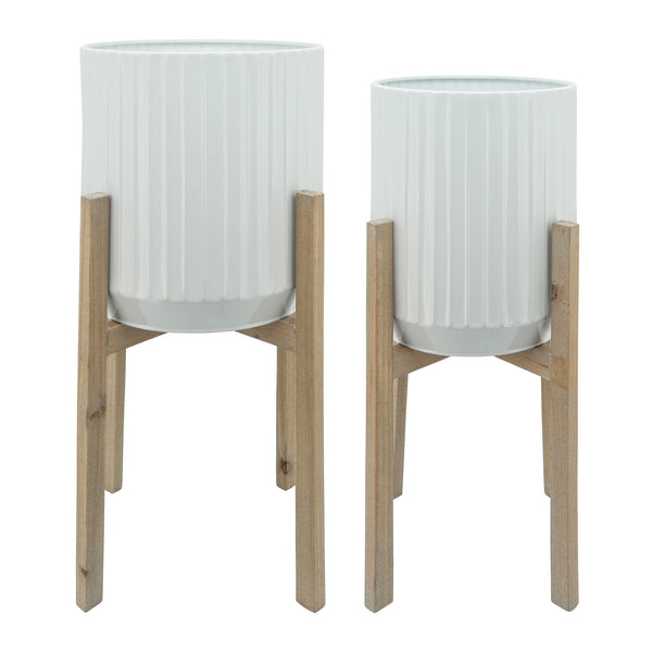 S/2 Ridged Planters In Wood Stand, White image