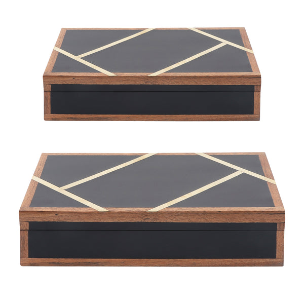 Resin, S/2 10/12" Boxes W/ Gold Inlay, Black image