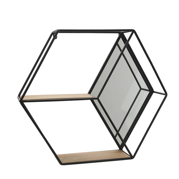 Metal/wood 20" Hexagon Mirrored Wall Shelf, Black image