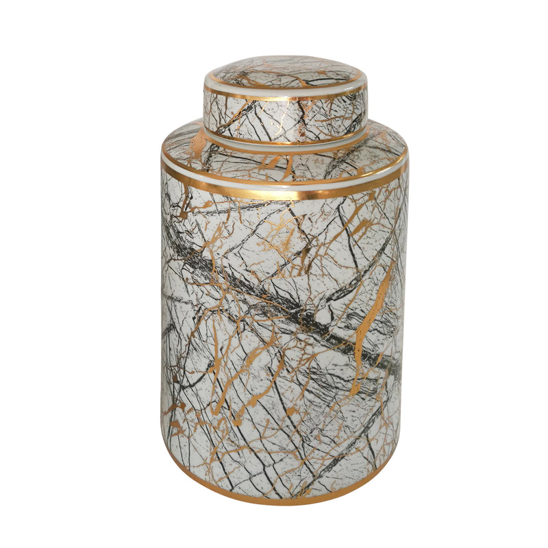 Ceramic 12" Jar With Gold Lid, White image