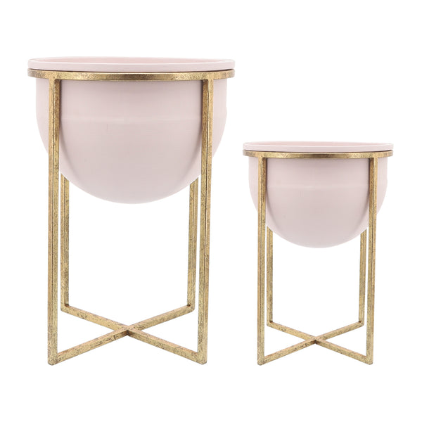 Metal S/2 11/12" Planters W/ Stand, Pink/gold image
