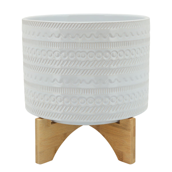 10" Tribal Planter W/ Wood Stand, White image