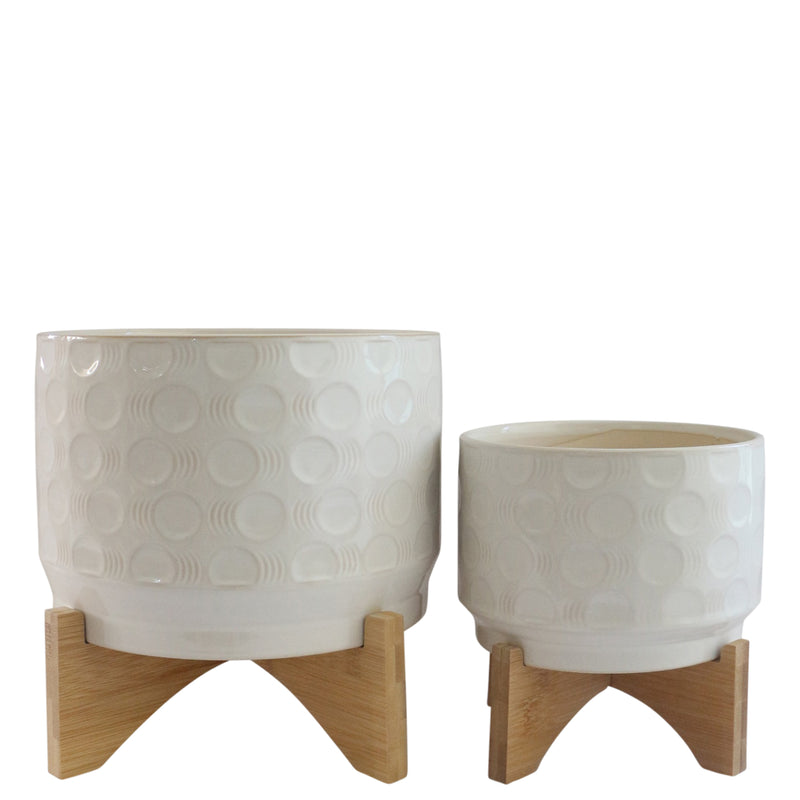 Cer, S/2 8/10" Circles Planter On Stand, White image