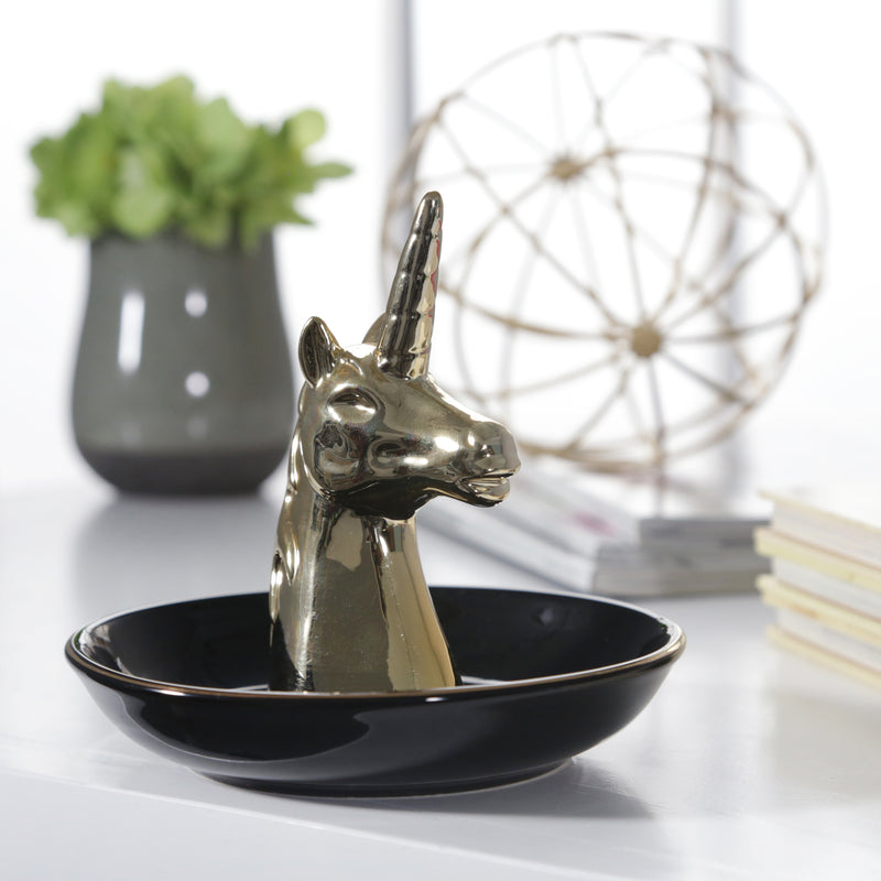 Ceramic 6" Unicorn Trinket Tray, Black/gold image