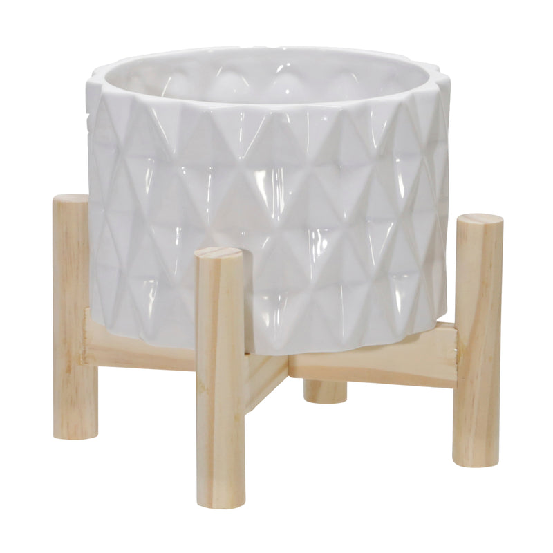 6" Ceramic Diamond Planter W/ Wood Stand, White image
