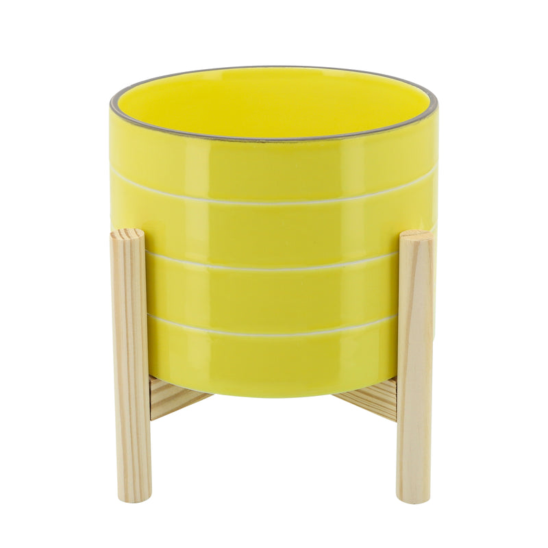 8" Striped Planter W/ Wood Stand, Yellow image