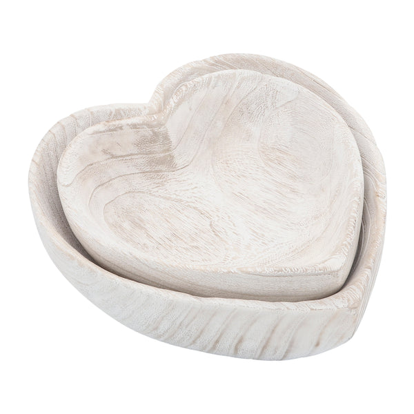 Wood, S/2 9/10" Heart Bowls, White image