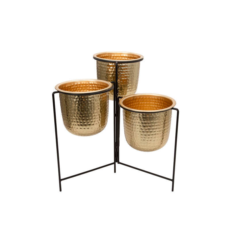 Metal 20" S/3 Hammered Planters W/ Stand, Gold image