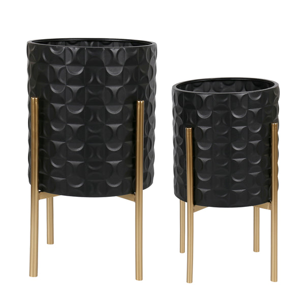 S/2 Textured Planters On Metal Stand, Black/gold image