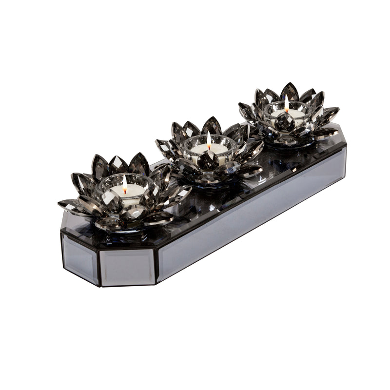 Glass 13" 3 Lotus Mirrored Candle Holder, Black image