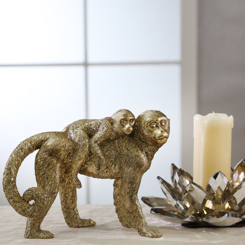 Resin 7"h Monkey Mother W/ Baby ,gold image