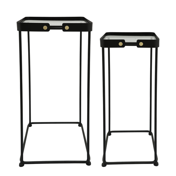 Metal, S/2 23/25"h Square Side Tables W/ Smokey Gl image