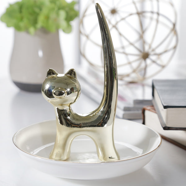 Ceramic 6" Cat Ring Holder, White/gold image