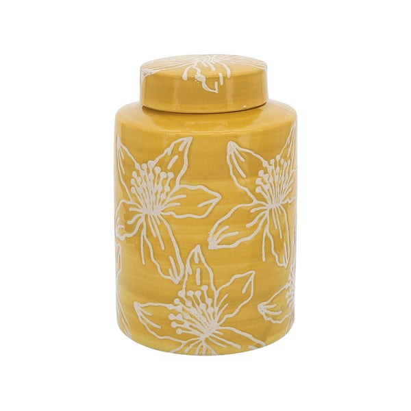 Cer, 9"h Flower Jar W/ Lid, Yellow image