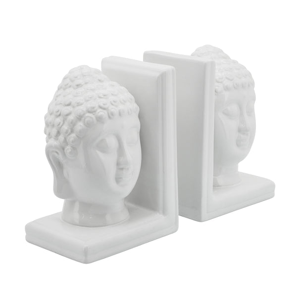 S/2 8" Buddha Heads Bookends, White image