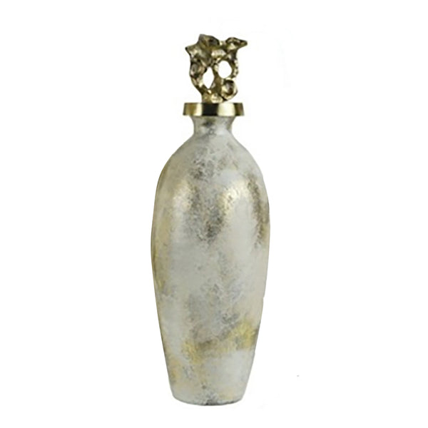 Glass, 20"h Metal Vase Tribal Topper,  White/gold image