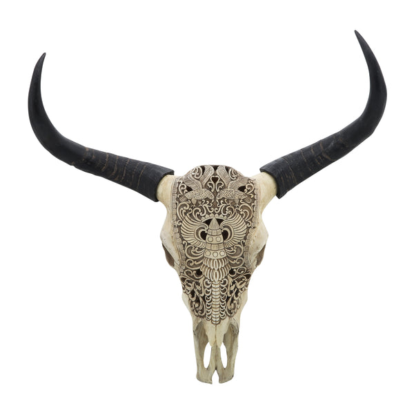 Resin, 28" Bull Skull Wall Accent, Ivory/black Kd image
