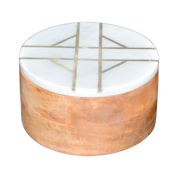 Wood, 6"d Round Box With White Marble Top, Brown image