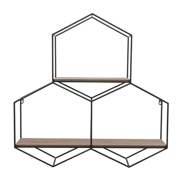 Metal/wood, 31"h Hexagon Wall Shelf, Black/brown image