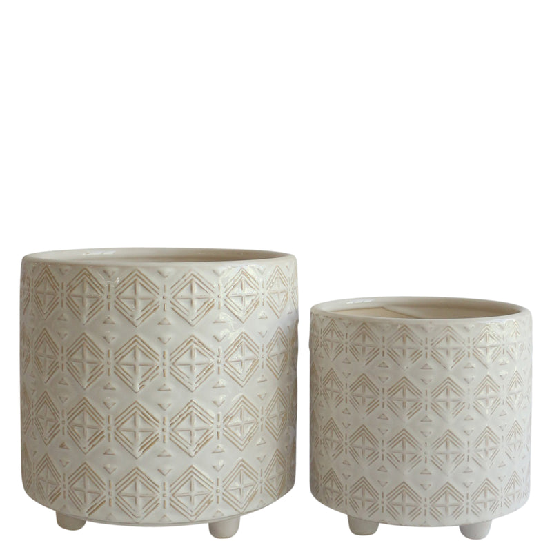 Cer, S/2 6/8"d Tribal Footed Planters, Ivory image
