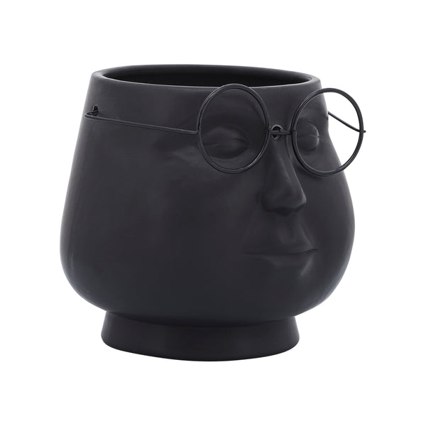 Porcelain, 7"d Face W/ Glasses Planter, Black image