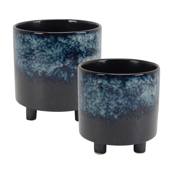 S/2 Ceramic Footed Planters 9"/6", Blue image