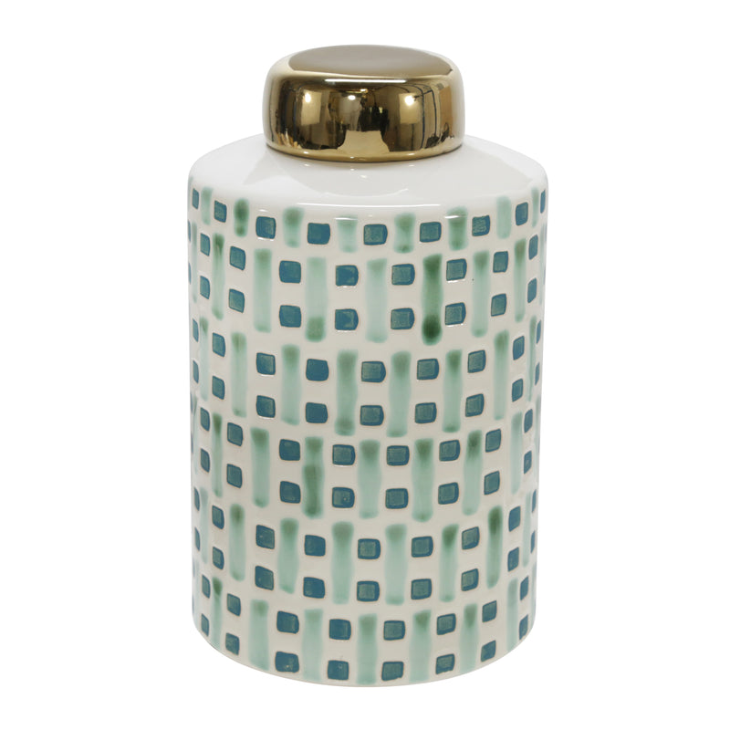 Ceramic 9" Jar With Gold Lid, Green/white image