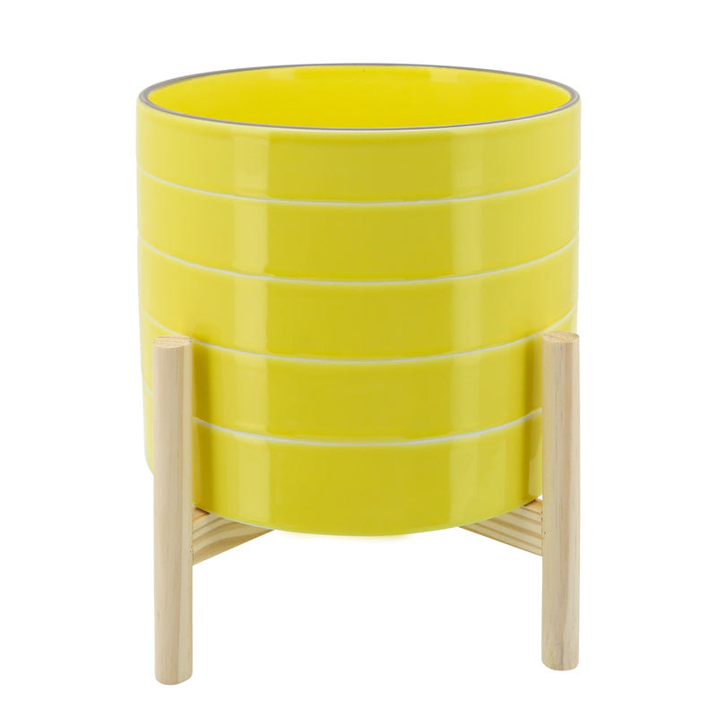 10" Striped Planter W/ Wood Stand, Yellow image