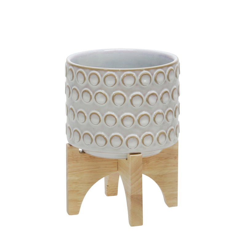 Ceramic 5" Planter On Wooden Stand, Ivory image