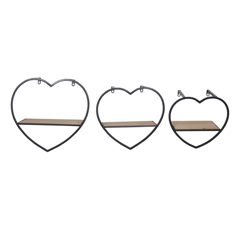S/3 Metal/wood Heart Wall Shelves, Brown/black image